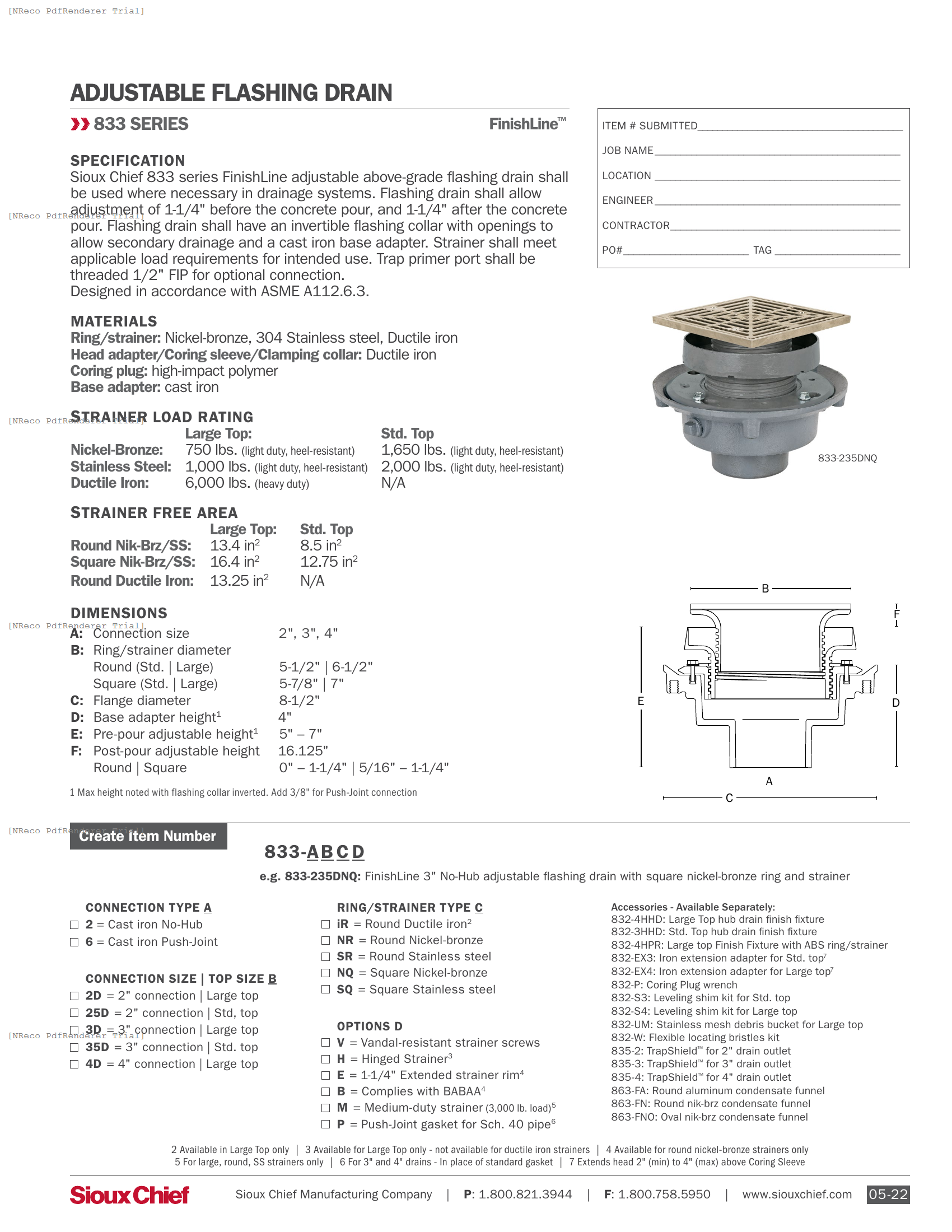 833 SERIES - FINISHLINE ADJUSTABLE FLASHING DRAIN IRON - SPEC SHEET.PDF Specification Document